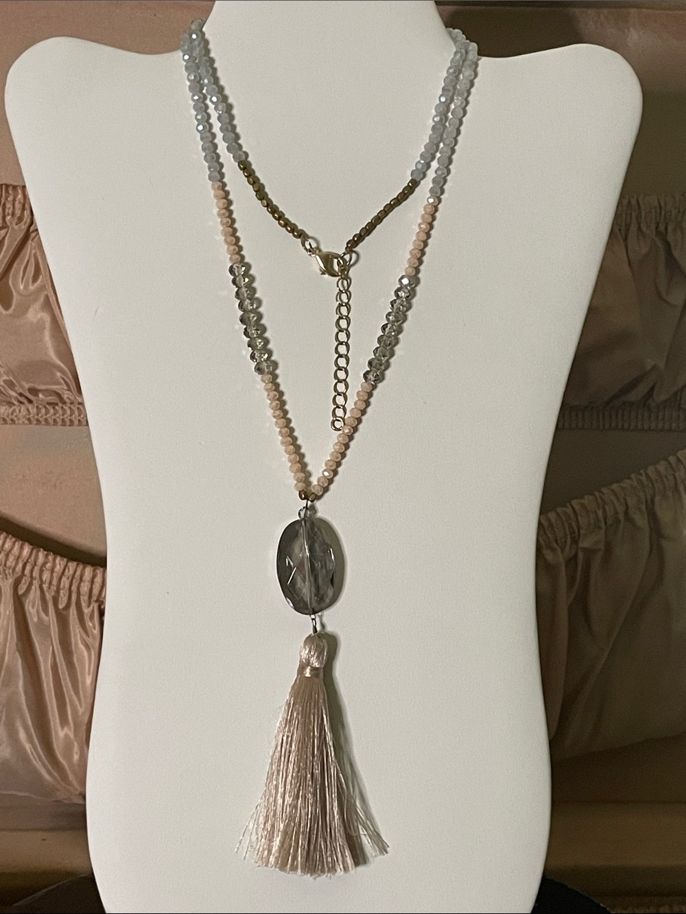 Long Glass Beaded Necklace with Tassel